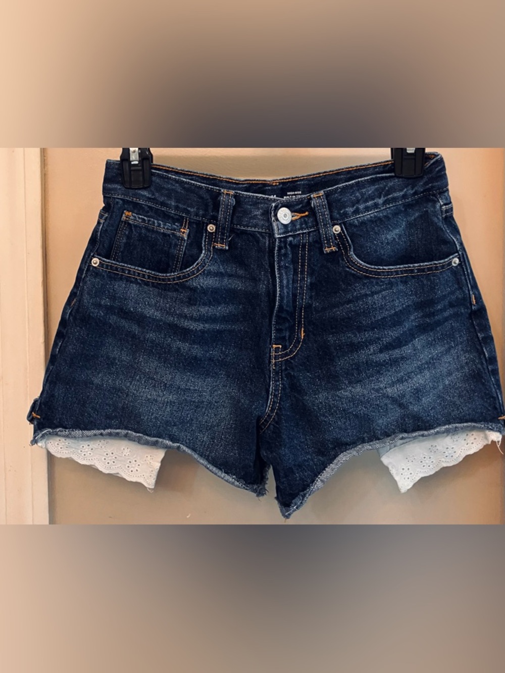 Girls Old Navy Dark Blue Denim High Rise Shorts with White Eyelet scallops, 14